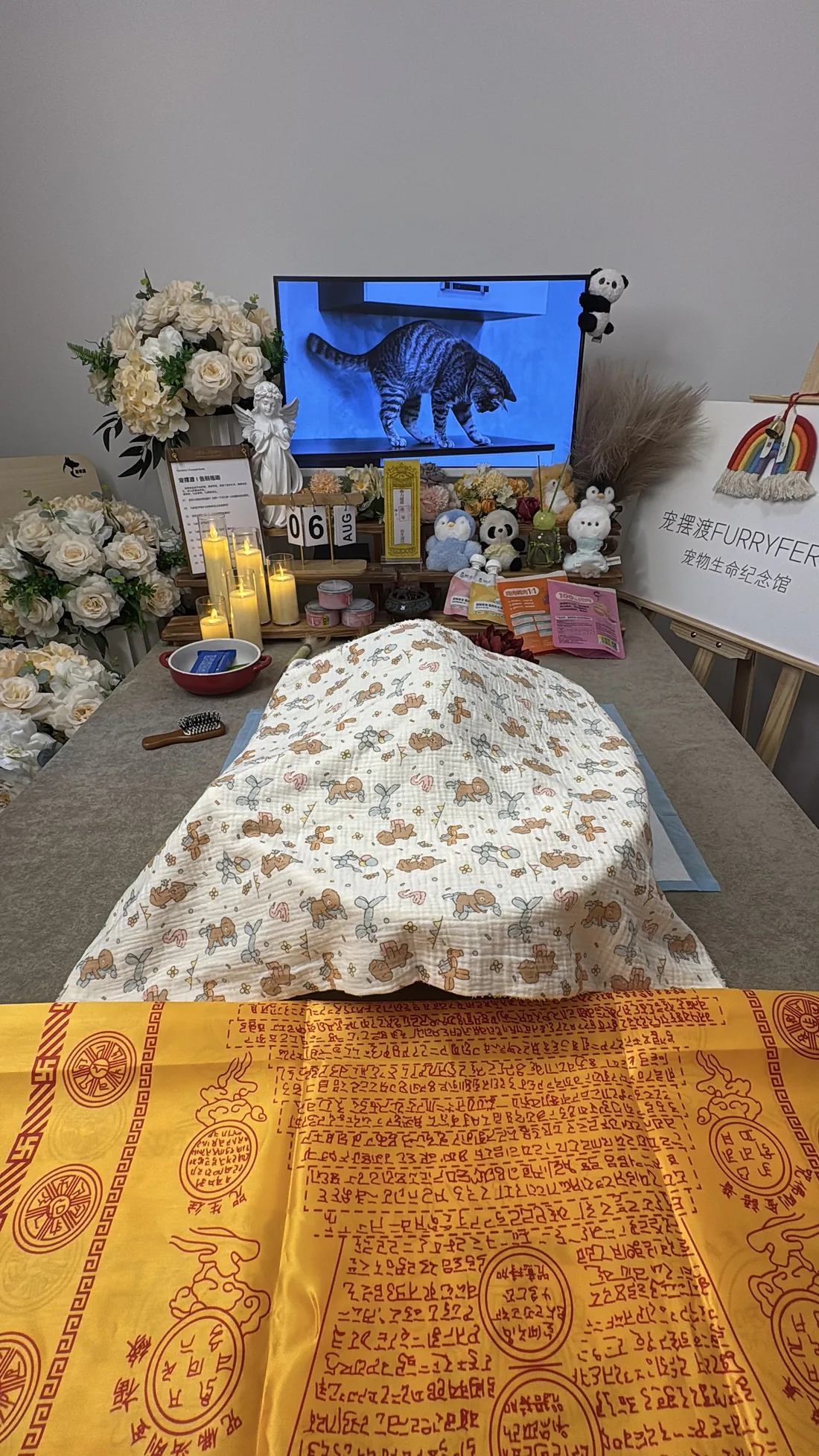 广州宠物告别仪式中的鲜花与纪念照片